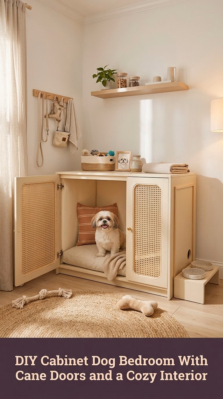 10. DIY Cabinet Dog Bedroom With Cane Doors and a Cozy Interior