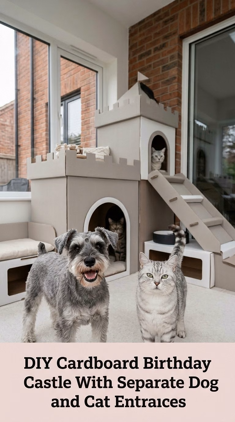 DIY Cardboard Birthday Castle With Separate Dog and Cat Entrances
