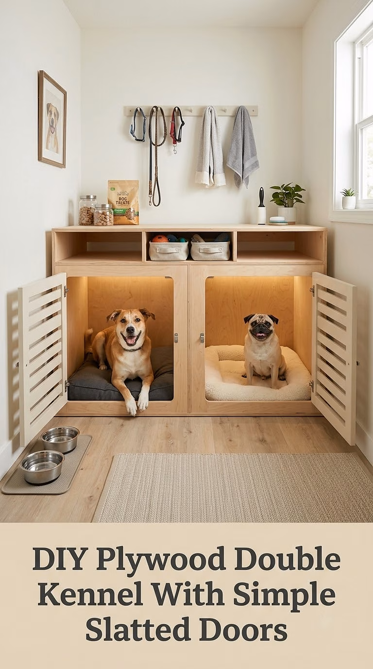 DIY Plywood Double Kennel With Simple Slatted Doors