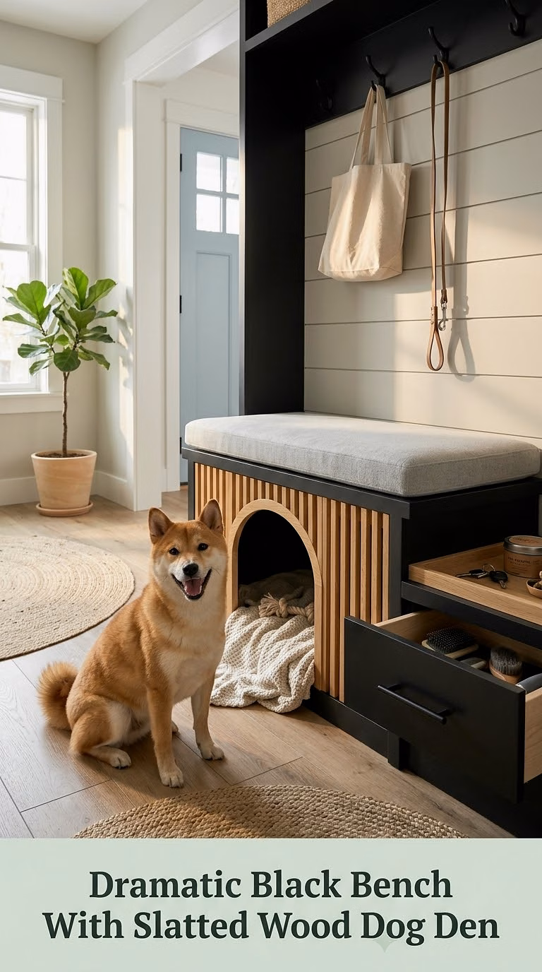 Dramatic Black Bench With Slatted Wood Dog Den