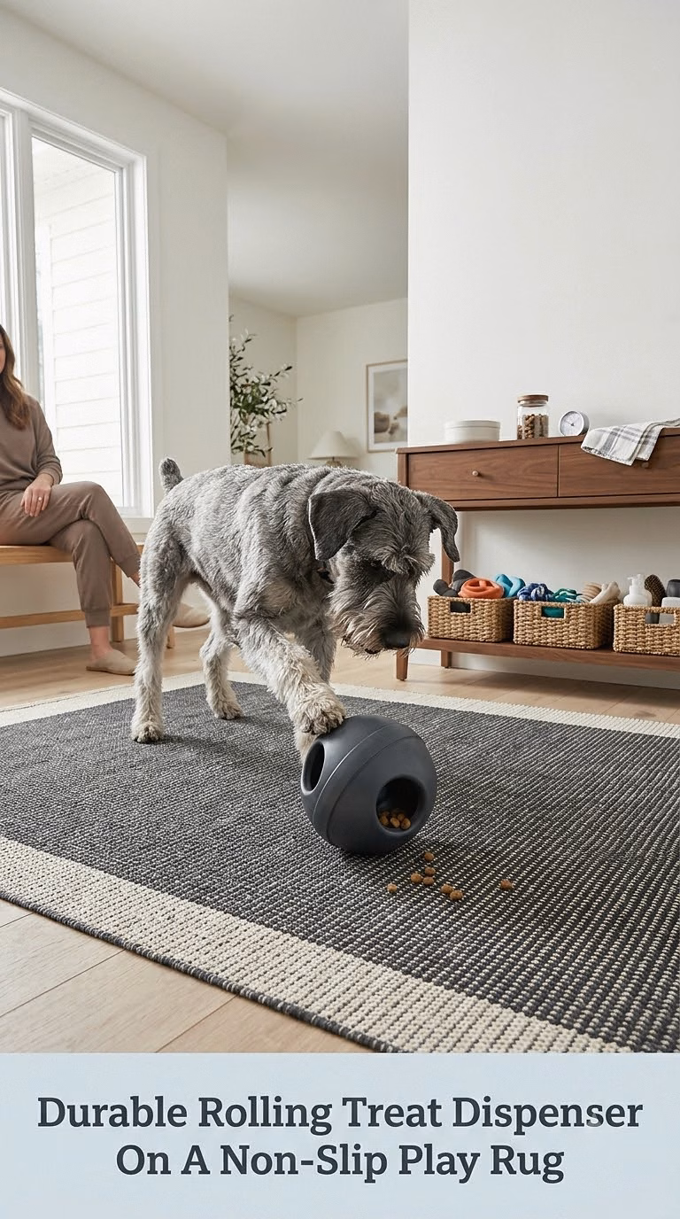 Durable Rolling Treat Dispenser On A Non-Slip Play Rug