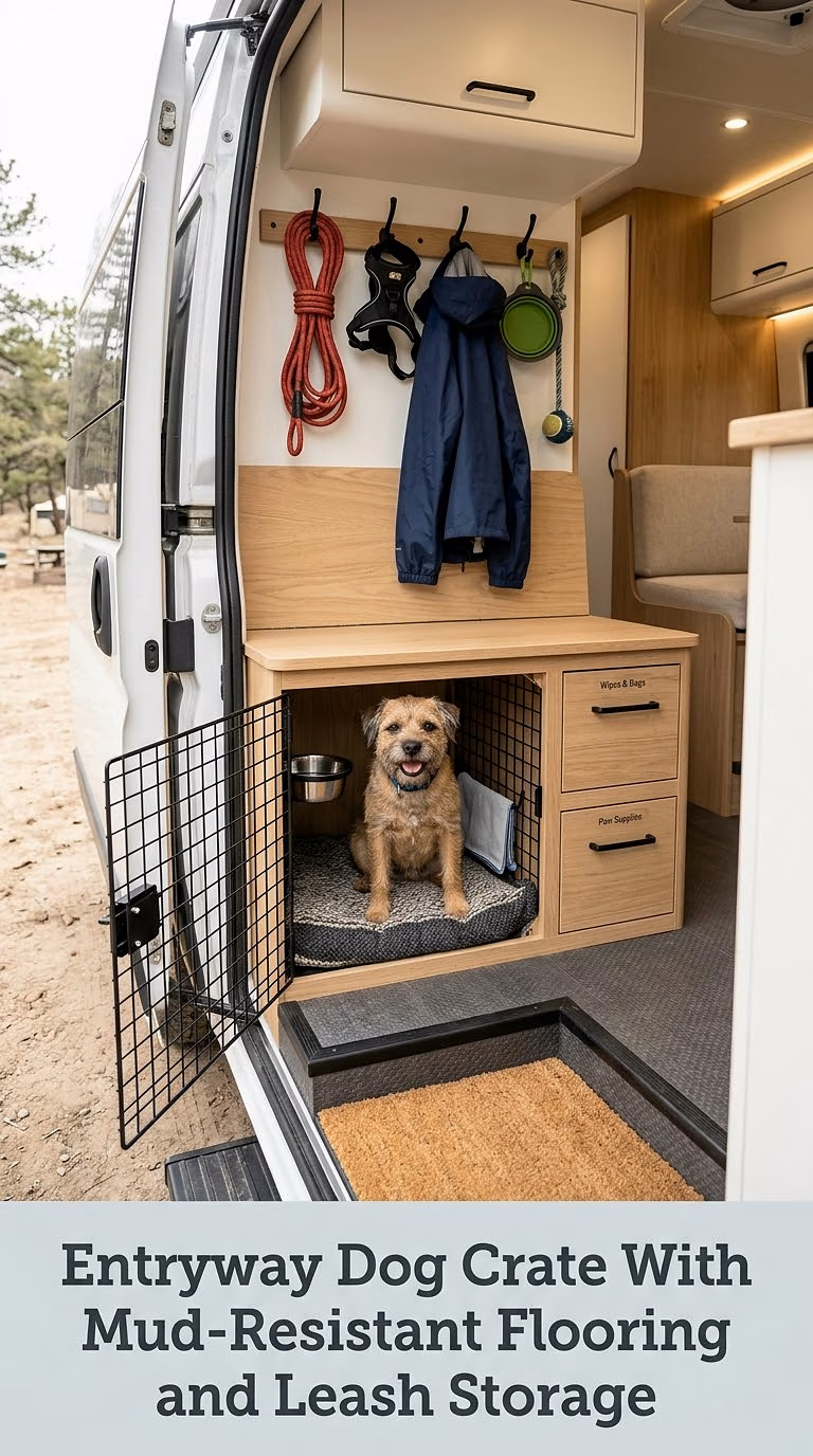 Entryway Dog Crate With Mud-Resistant Flooring and Leash Storage