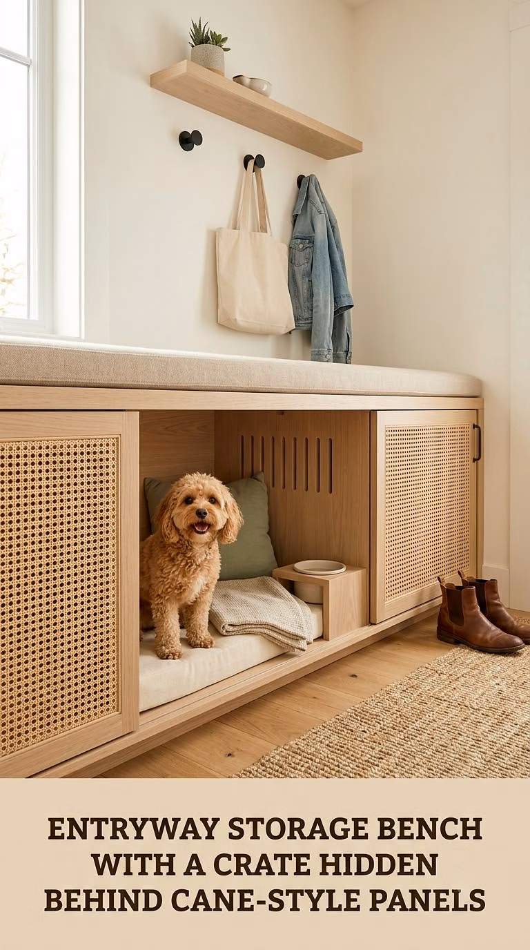 Entryway Storage Bench With a Crate Hidden Behind Cane-Style Panels