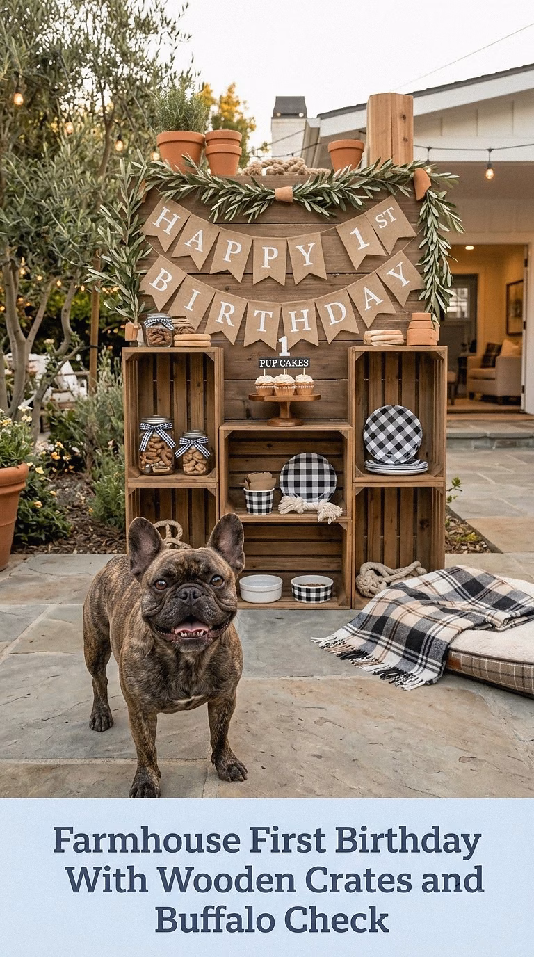 Farmhouse First Birthday With Wooden Crates and Buffalo Check
