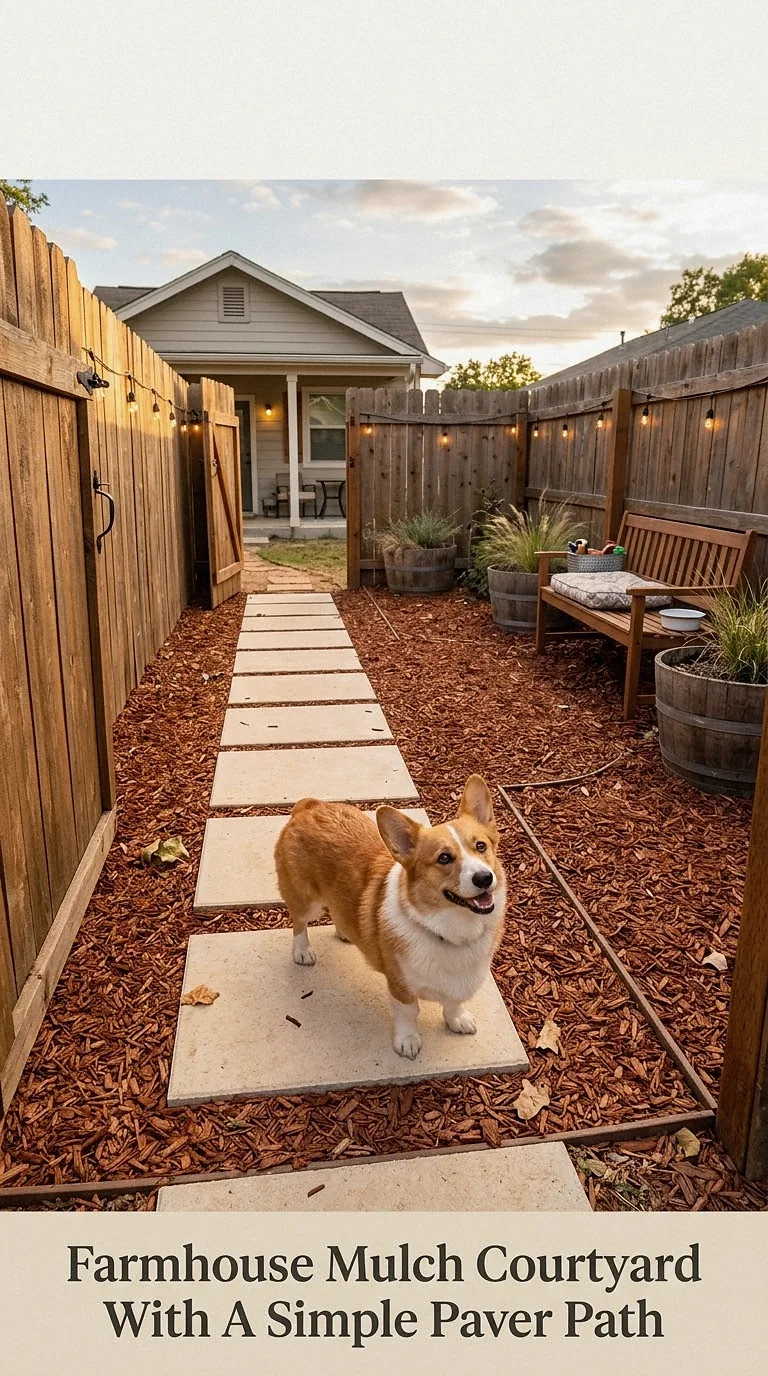 Farmhouse Mulch Courtyard With A Simple Paver Path