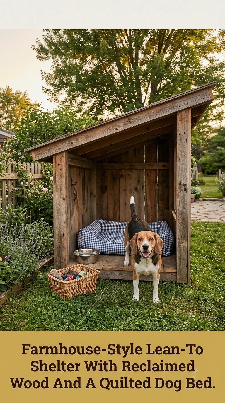 Farmhouse-Style Lean-To Shelter With Reclaimed Wood And A Quilted Dog Bed