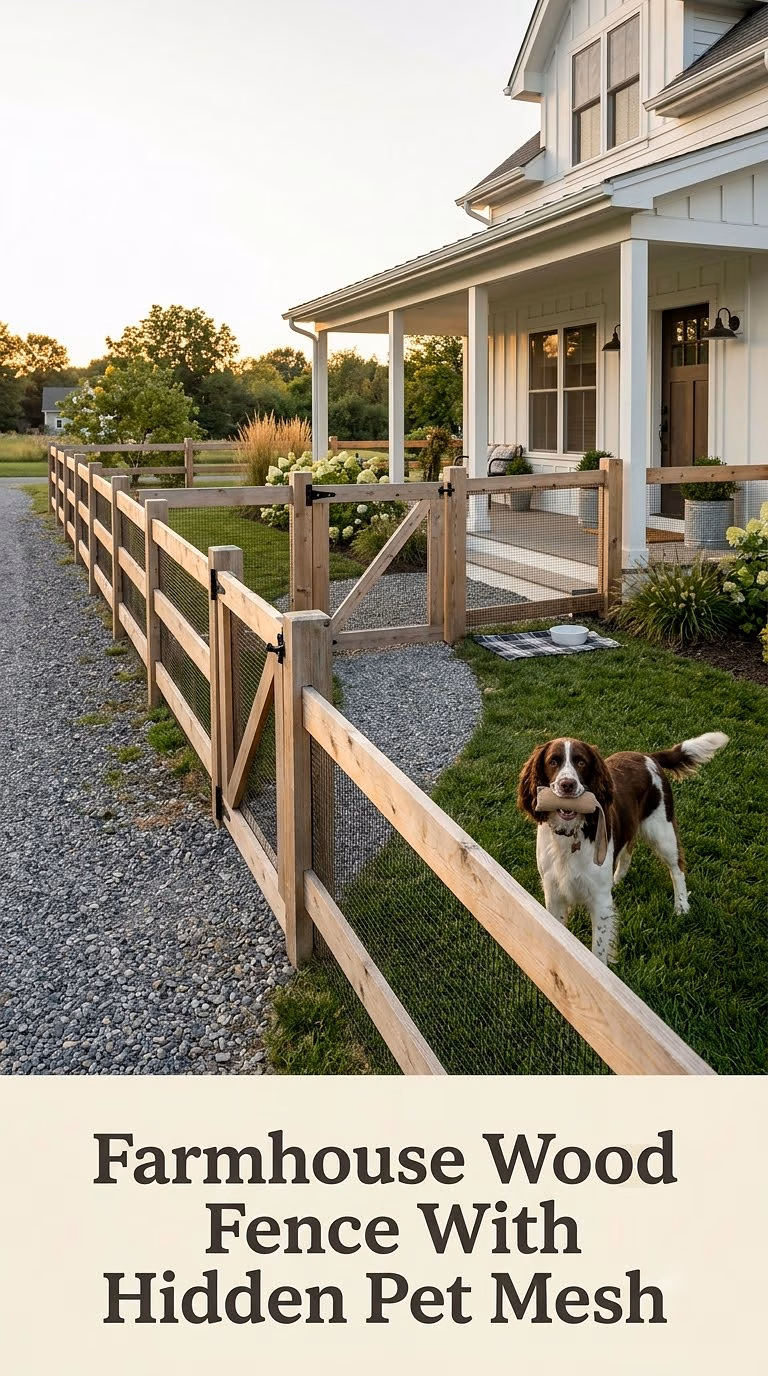 Farmhouse Wood Fence With Hidden Pet Mesh