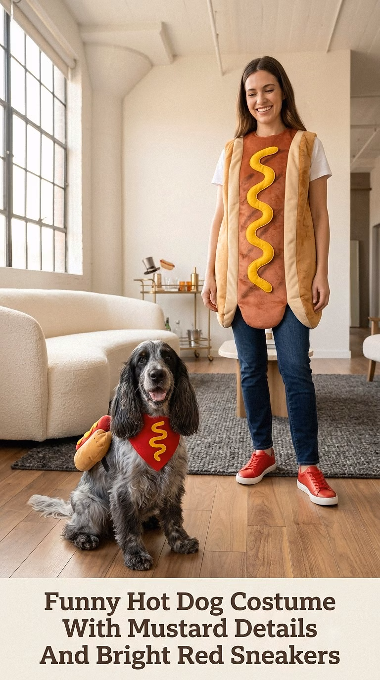 Funny Hot Dog Costume With Mustard Details And Bright Red Sneakers
