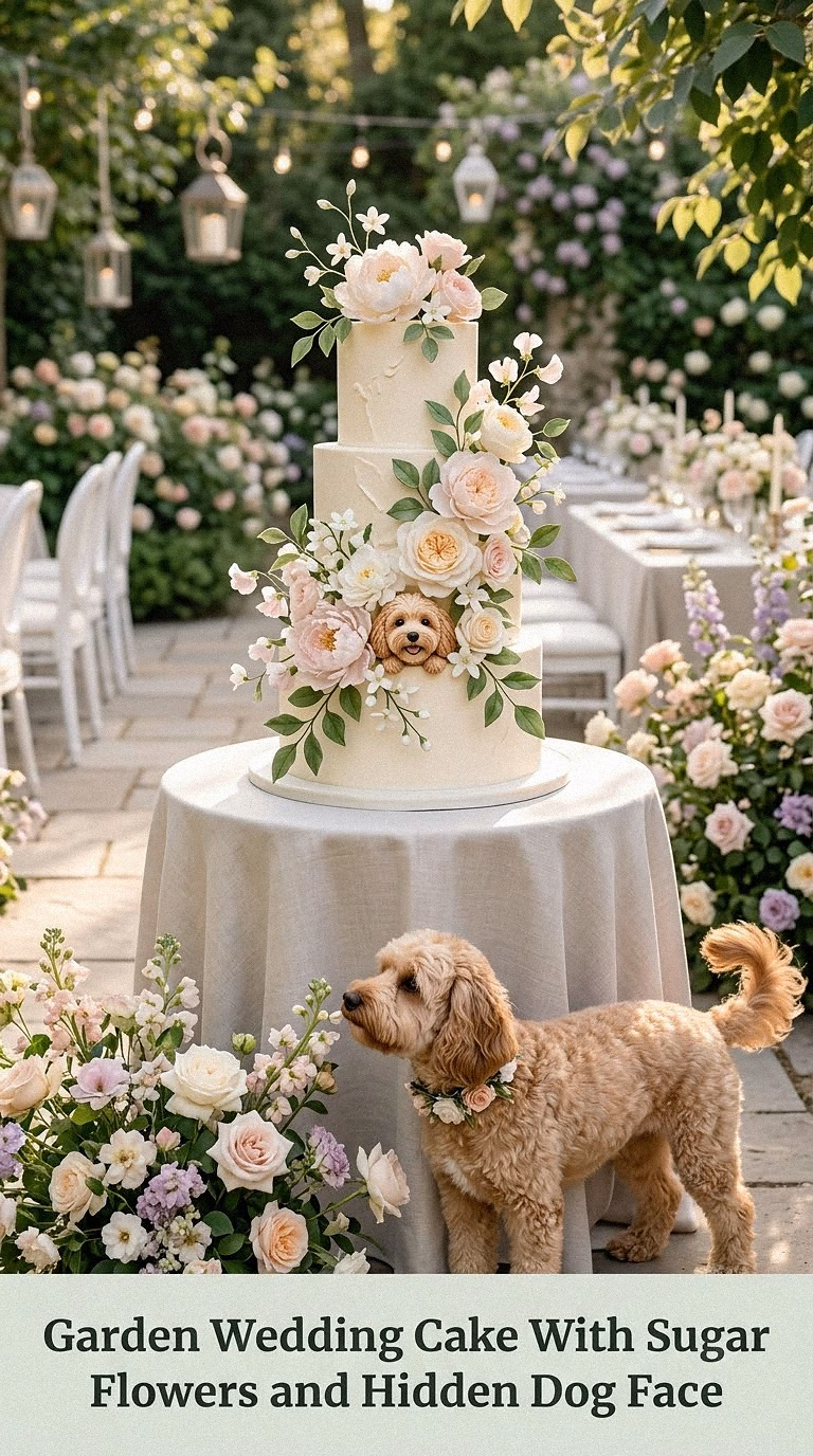 Garden Wedding Cake With Sugar Flowers and Hidden Dog Face