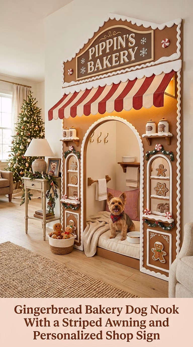 Gingerbread Bakery Dog Nook With a Striped Awning and Personalized Shop Sign