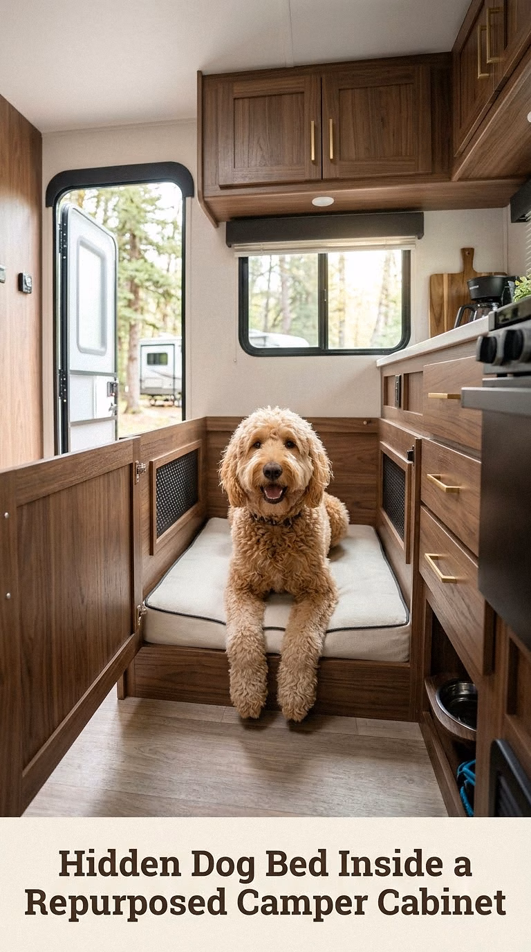 Hidden Dog Bed Inside a Repurposed Camper Cabinet