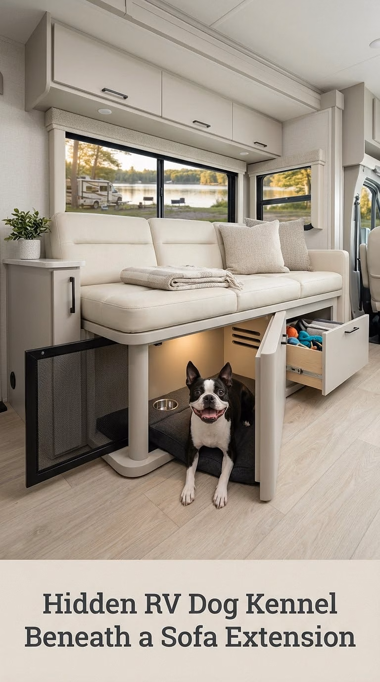 Hidden RV Dog Kennel Beneath a Sofa Extension