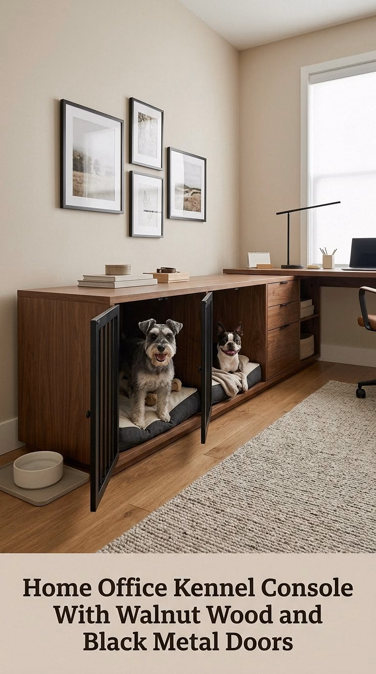 Home Office Kennel Console With Walnut Wood and Black Metal Doors