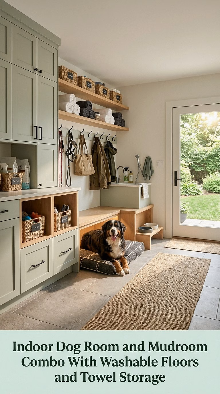 10. Indoor Dog Room and Mudroom Combo With Washable Floors and Towel Storage