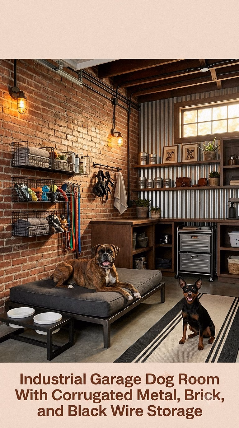 10. Industrial Garage Dog Room With Corrugated Metal, Brick, and Black Wire Storage