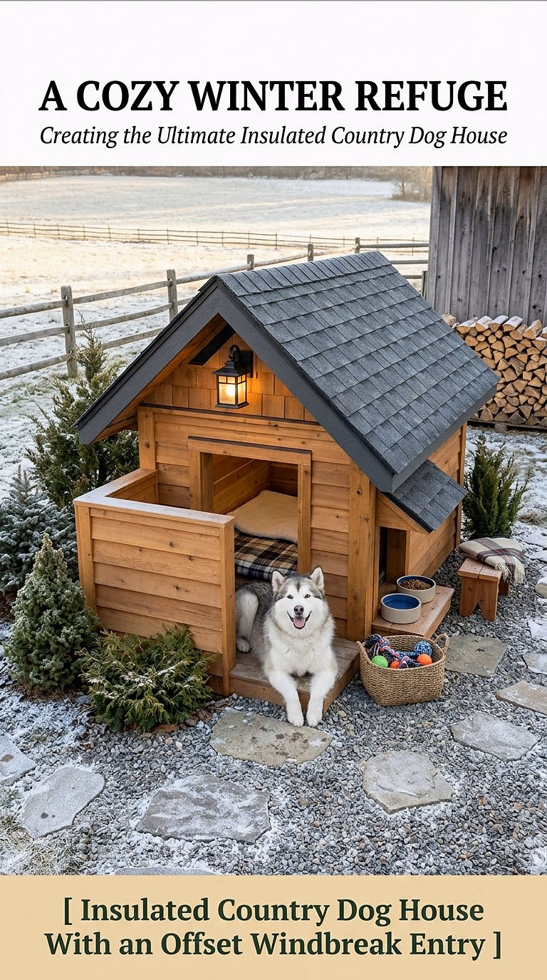 10. Insulated Country Dog House With an Offset Windbreak Entry