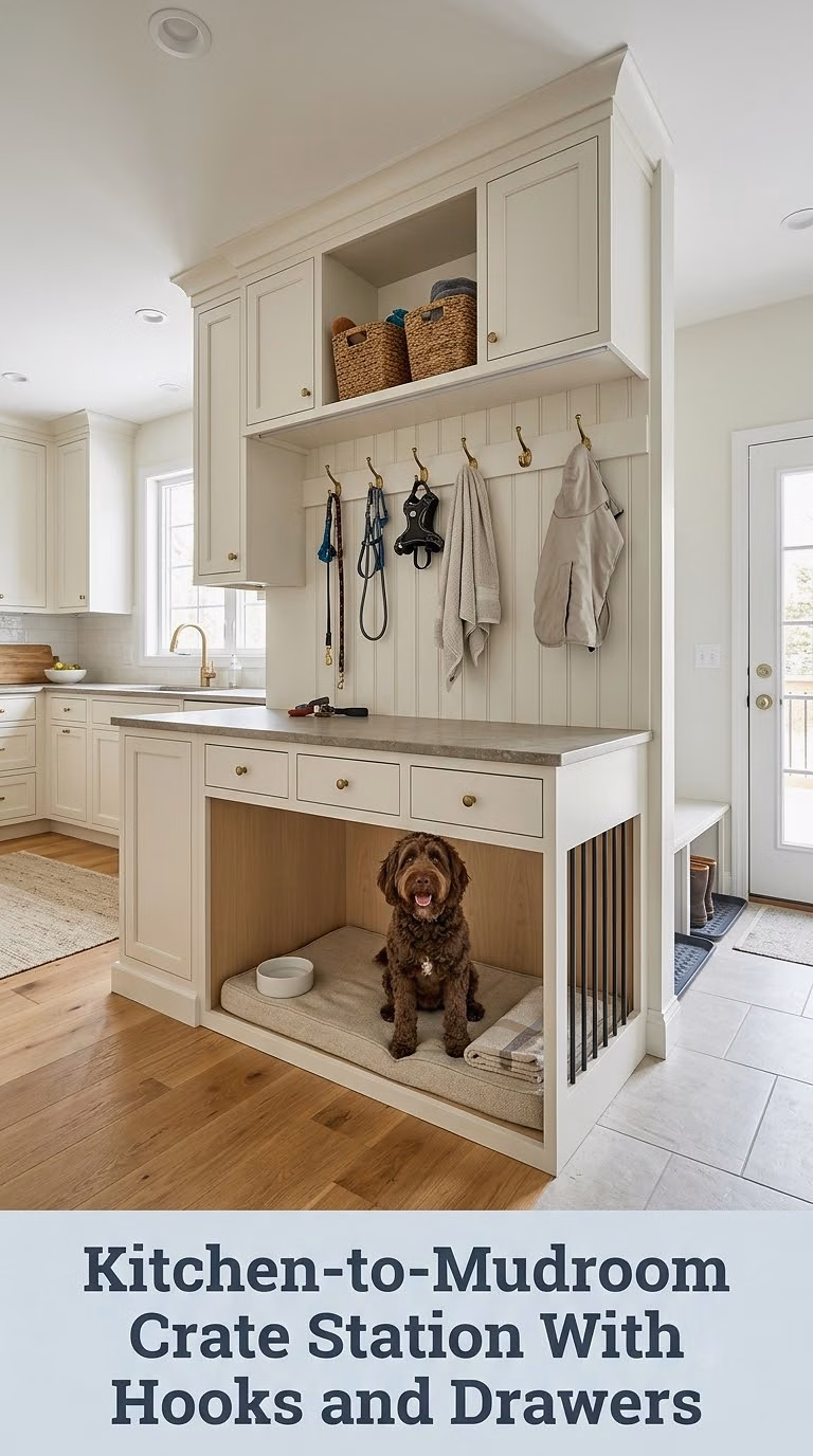 Kitchen-to-Mudroom Crate Station With Hooks and Drawers