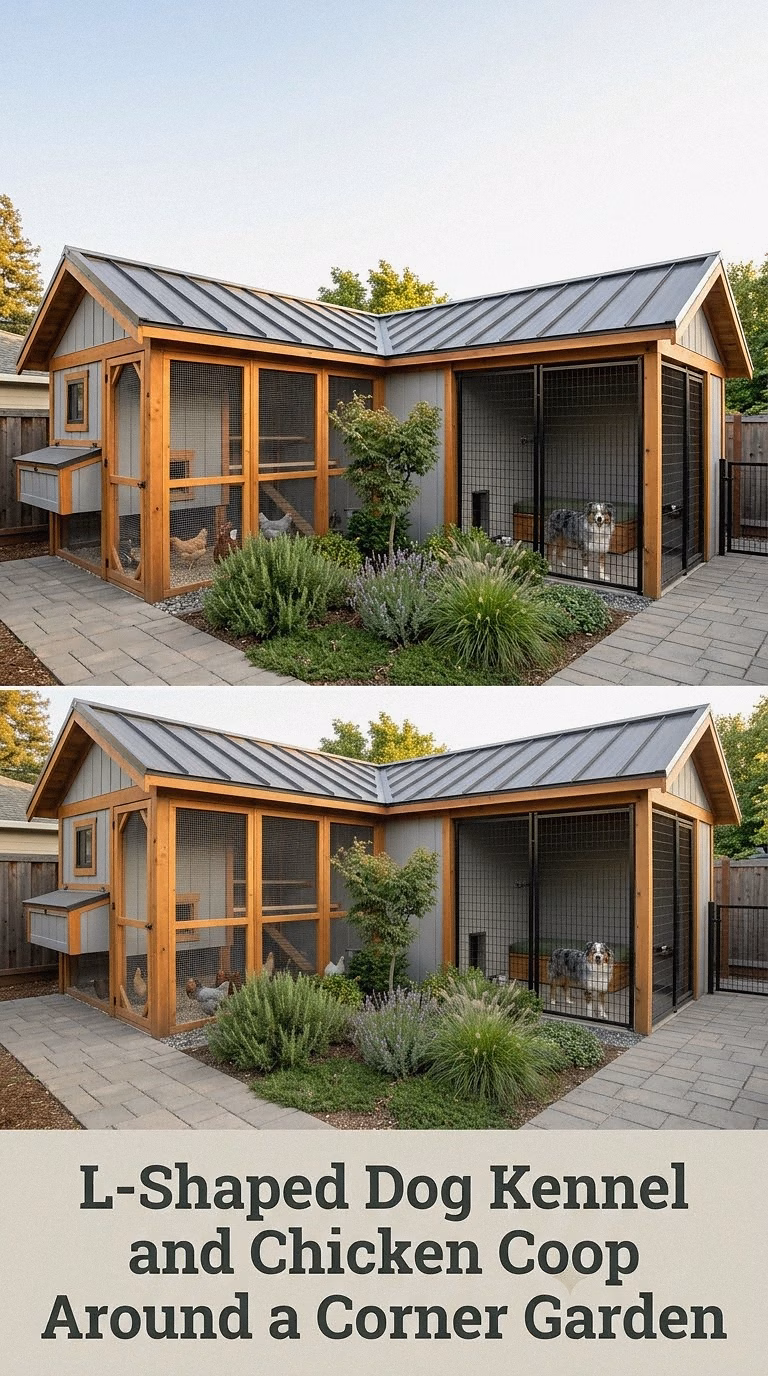 L-Shaped Dog Kennel and Chicken Coop Around a Corner Garden