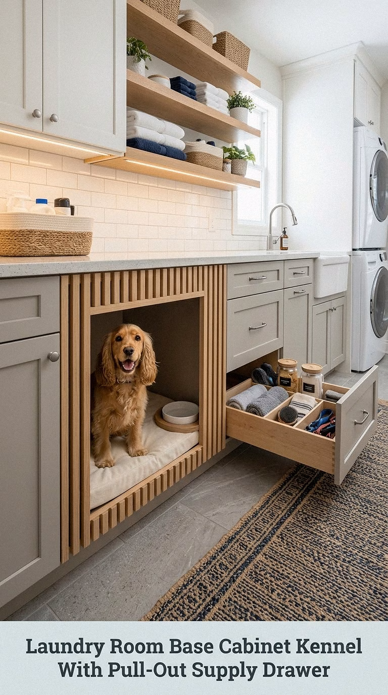 Laundry Room Base Cabinet Kennel With Pull-Out Supply Drawer