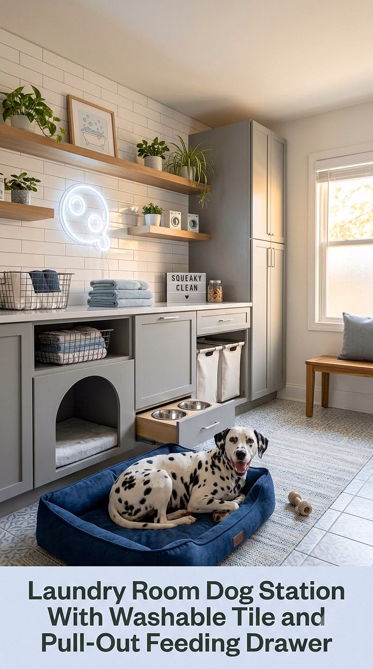10. Laundry Room Dog Station With Washable Tile and Pull-Out Feeding Drawer
