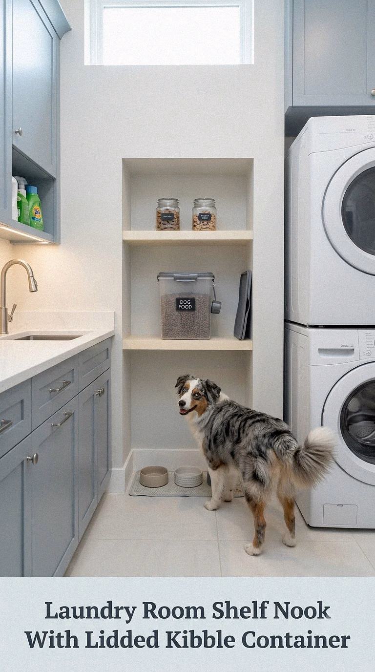 Laundry Room Shelf Nook With Lidded Kibble Container