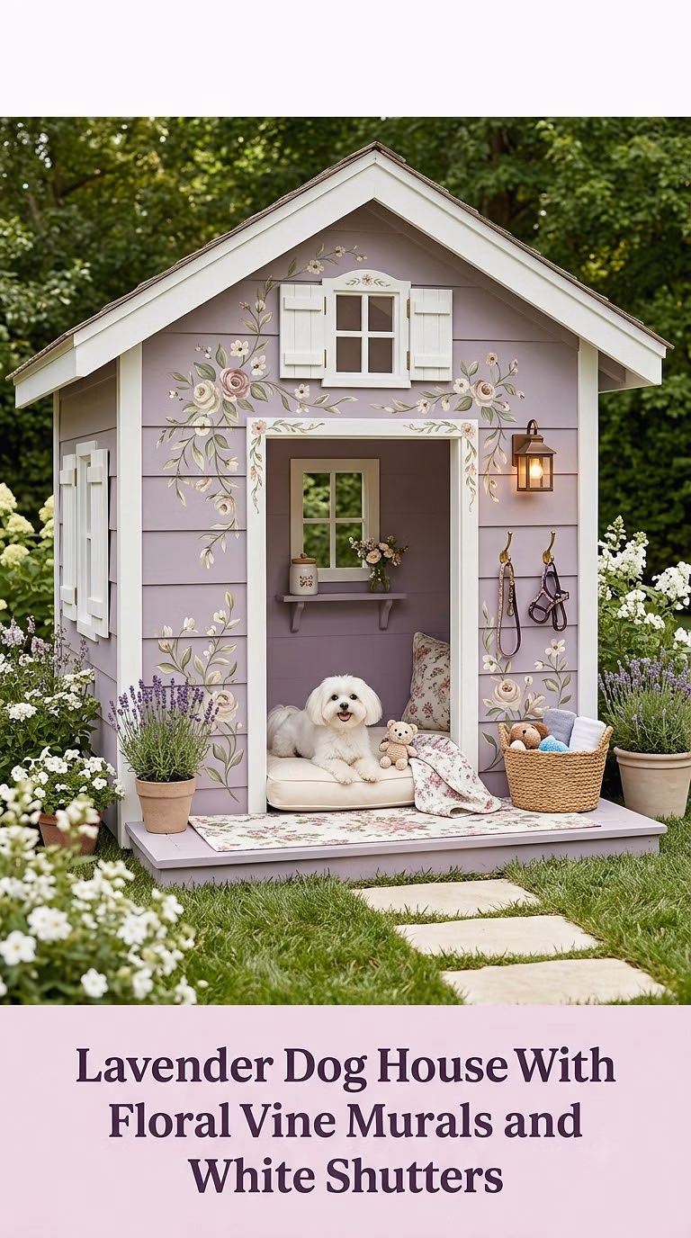 10. Lavender Dog House With Floral Vine Murals and White Shutters