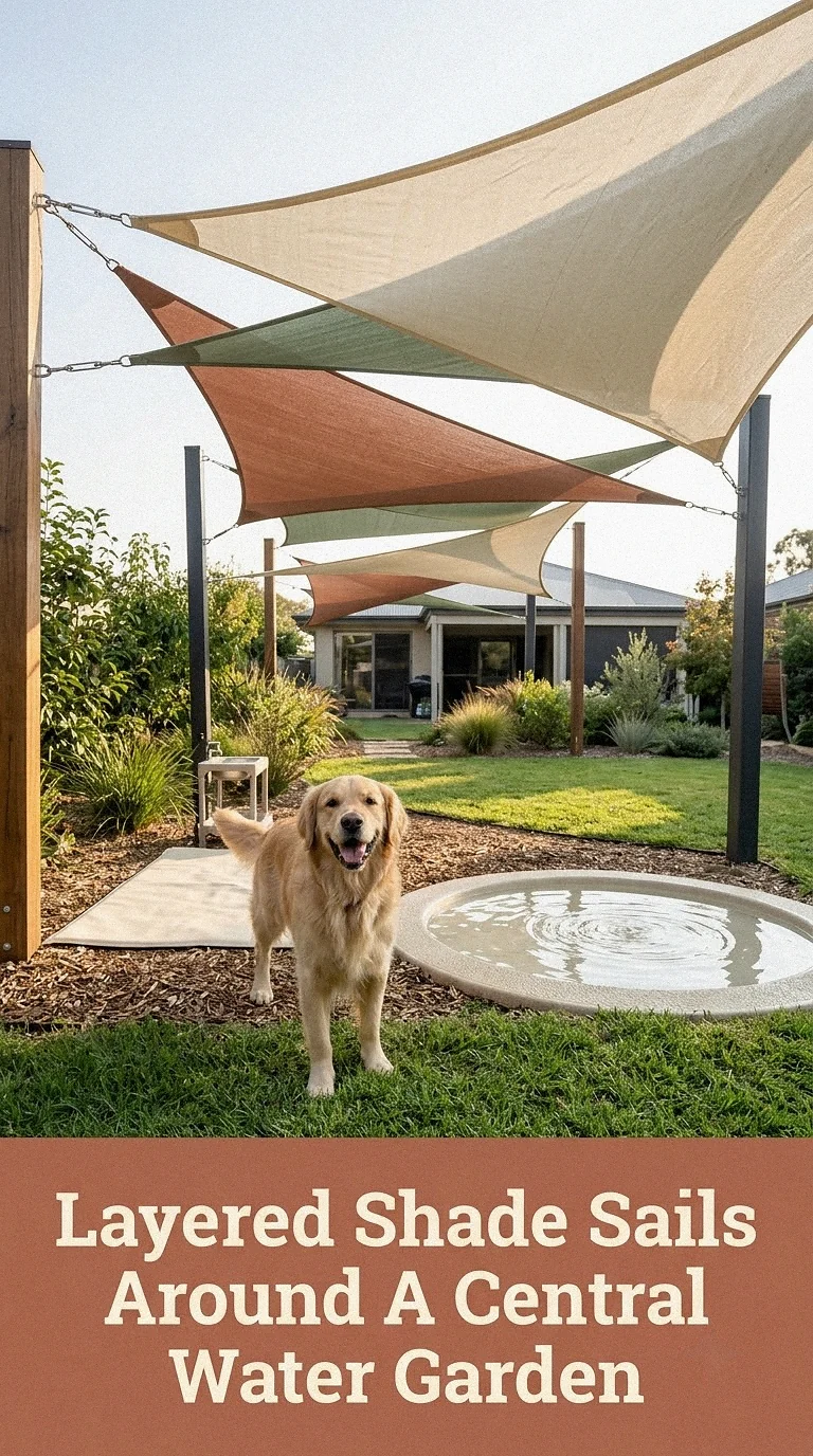 Layered Shade Sails Around A Central Water Garden