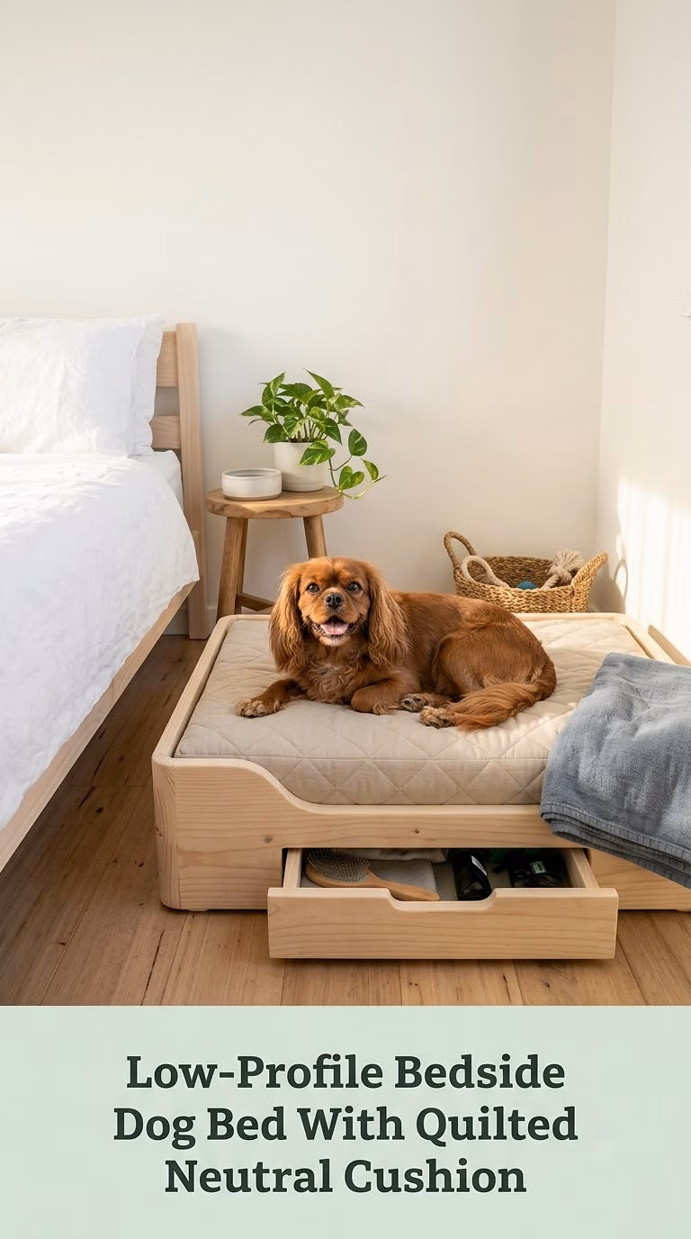 Low-Profile Bedside Dog Bed With Quilted Neutral Cushion