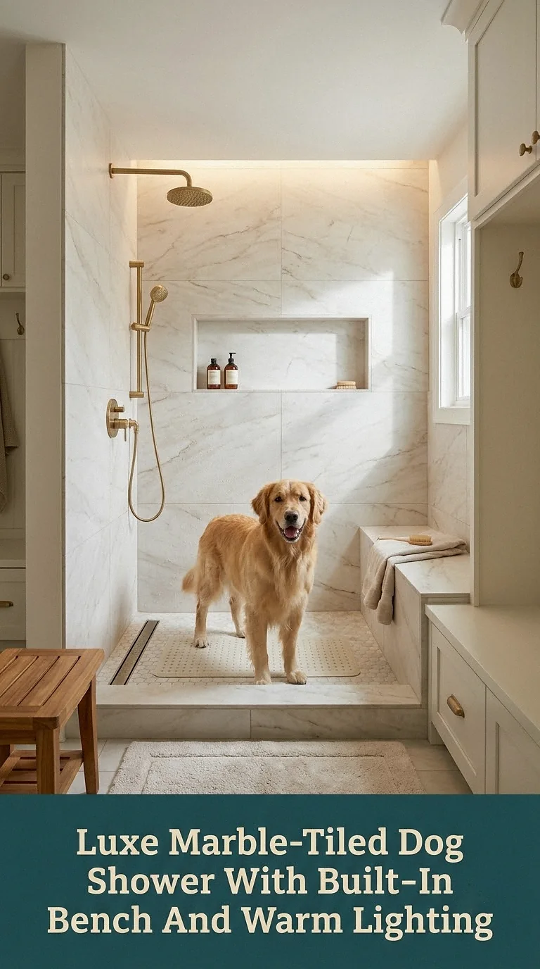 Luxe Marble-Tiled Dog Shower With Built-In Bench And Warm Lighting