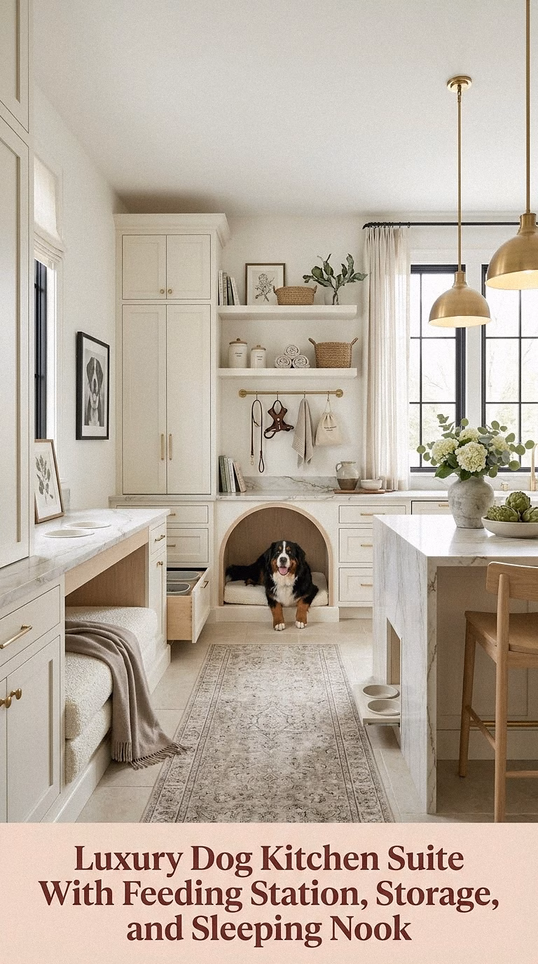 10. Luxury Dog Kitchen Suite With Feeding Station, Storage, and Sleeping Nook