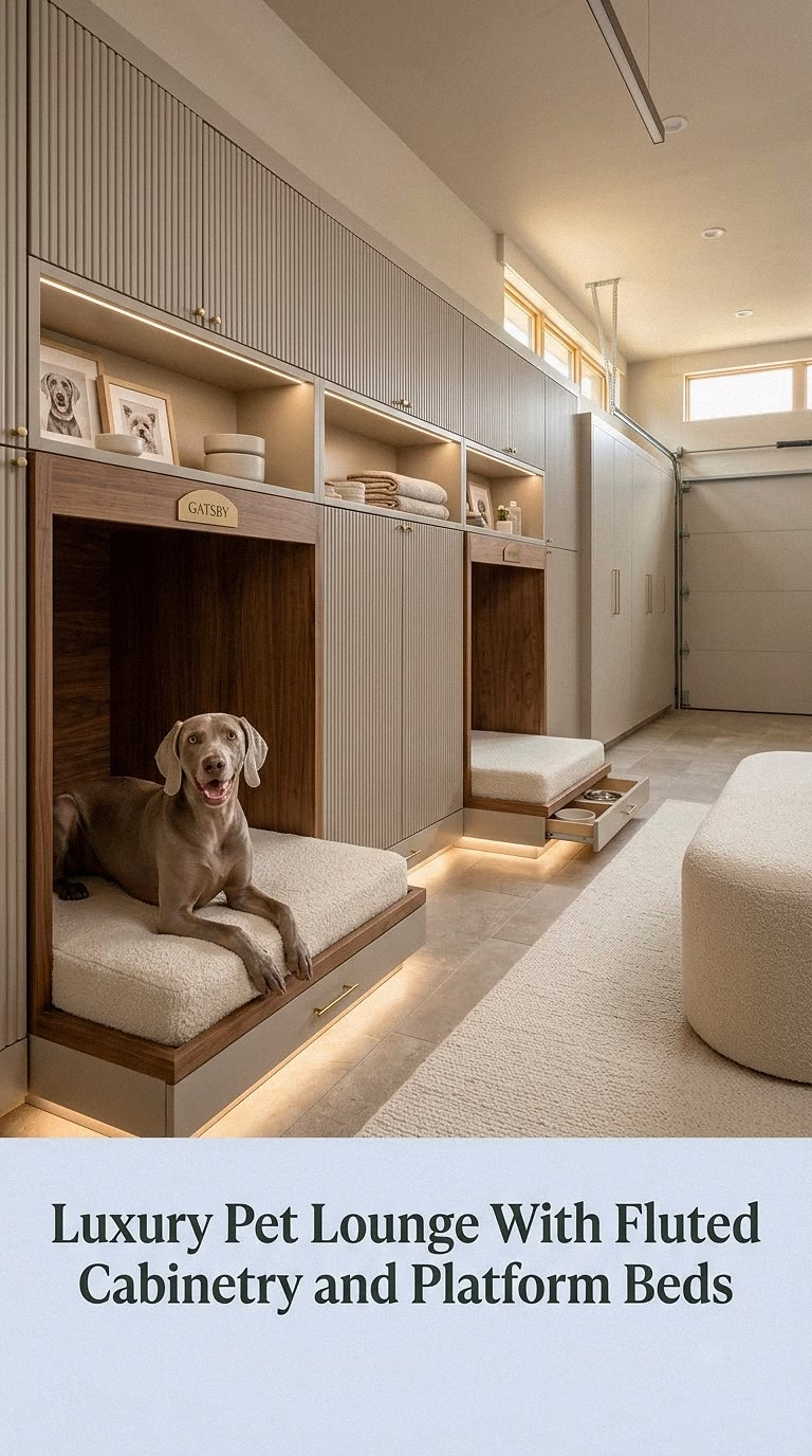 Luxury Pet Lounge With Fluted Cabinetry and Platform Beds