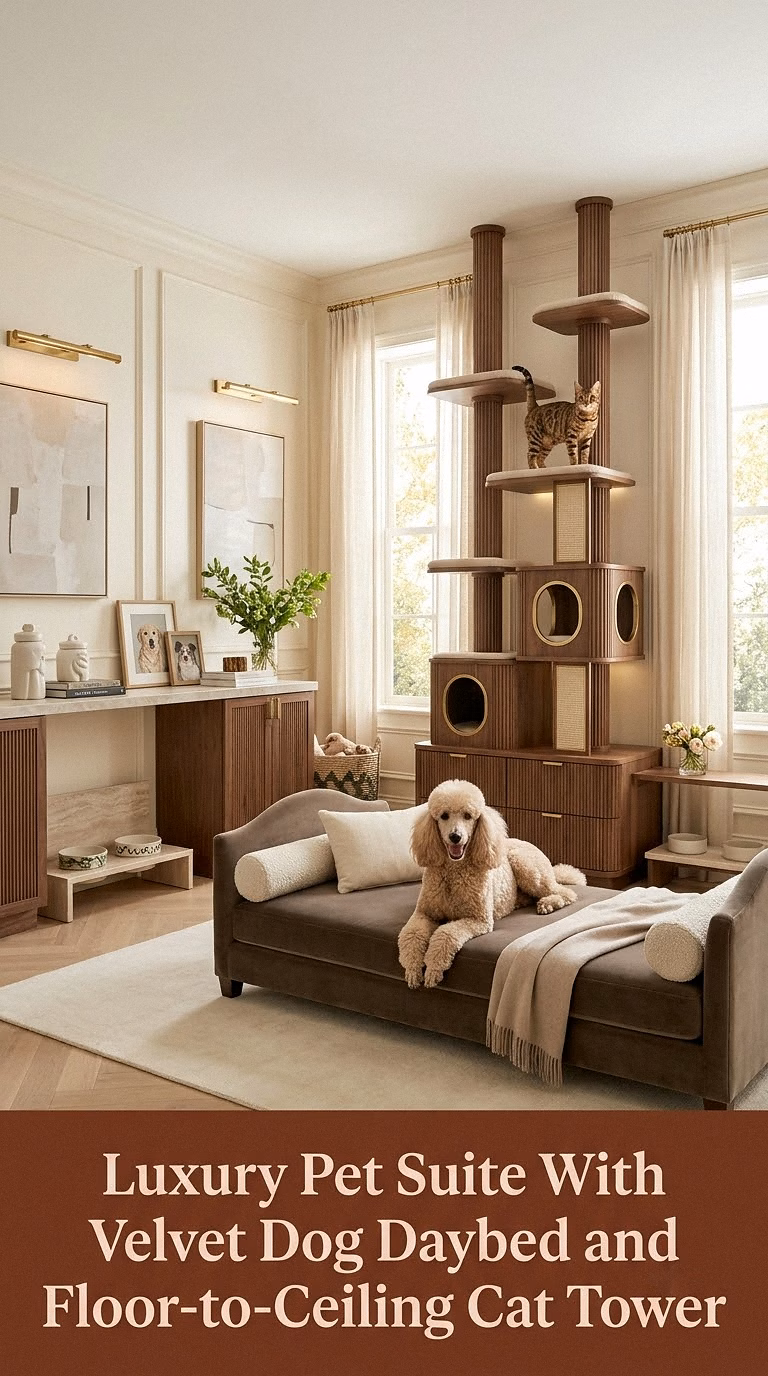 10. Luxury Pet Suite With Velvet Dog Daybed and Floor-to-Ceiling Cat Tower