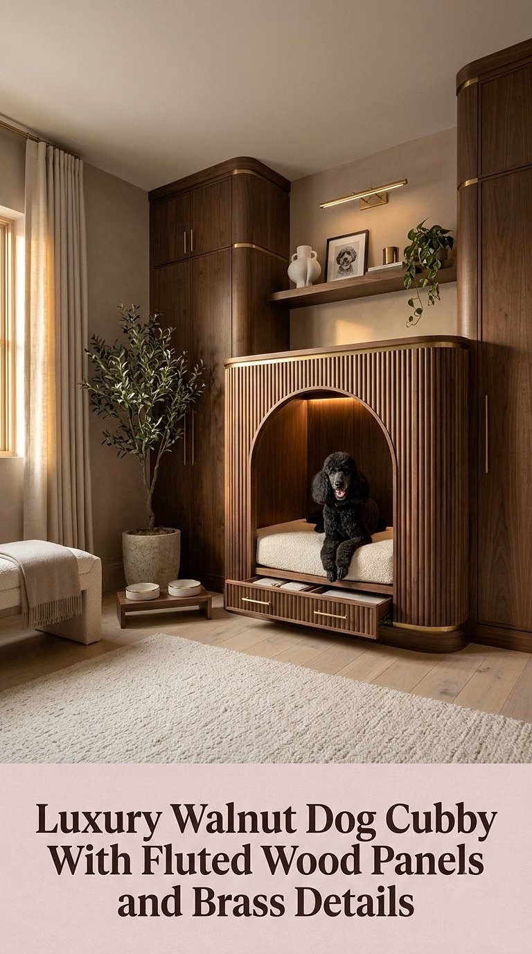 10. Luxury Walnut Dog Cubby With Fluted Wood Panels and Brass Details