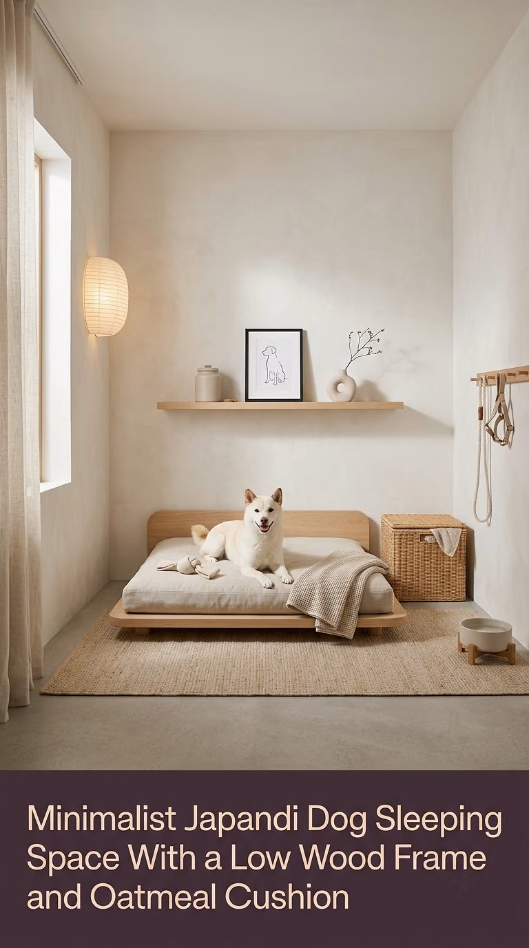 10. Minimalist Japandi Dog Sleeping Space With a Low Wood Frame and Oatmeal Cushion