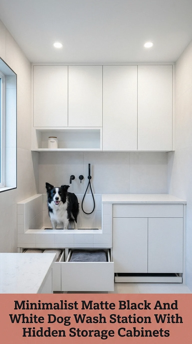 Minimalist Matte Black And White Dog Wash Station With Hidden Storage Cabinets