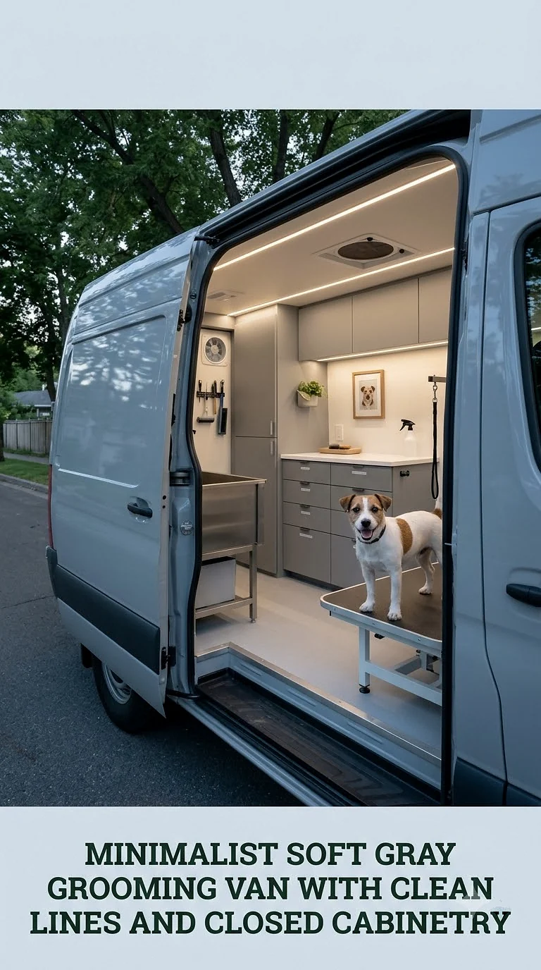 Minimalist Soft Gray Grooming Van With Clean Lines And Closed Cabinetry