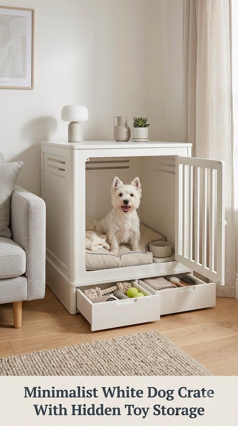 Minimalist White Dog Crate With Hidden Toy Storage
