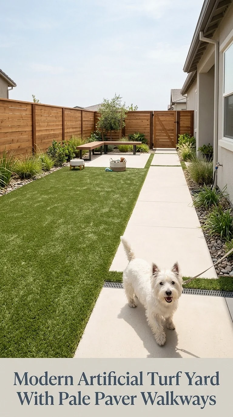Modern Artificial Turf Yard With Pale Paver Walkways