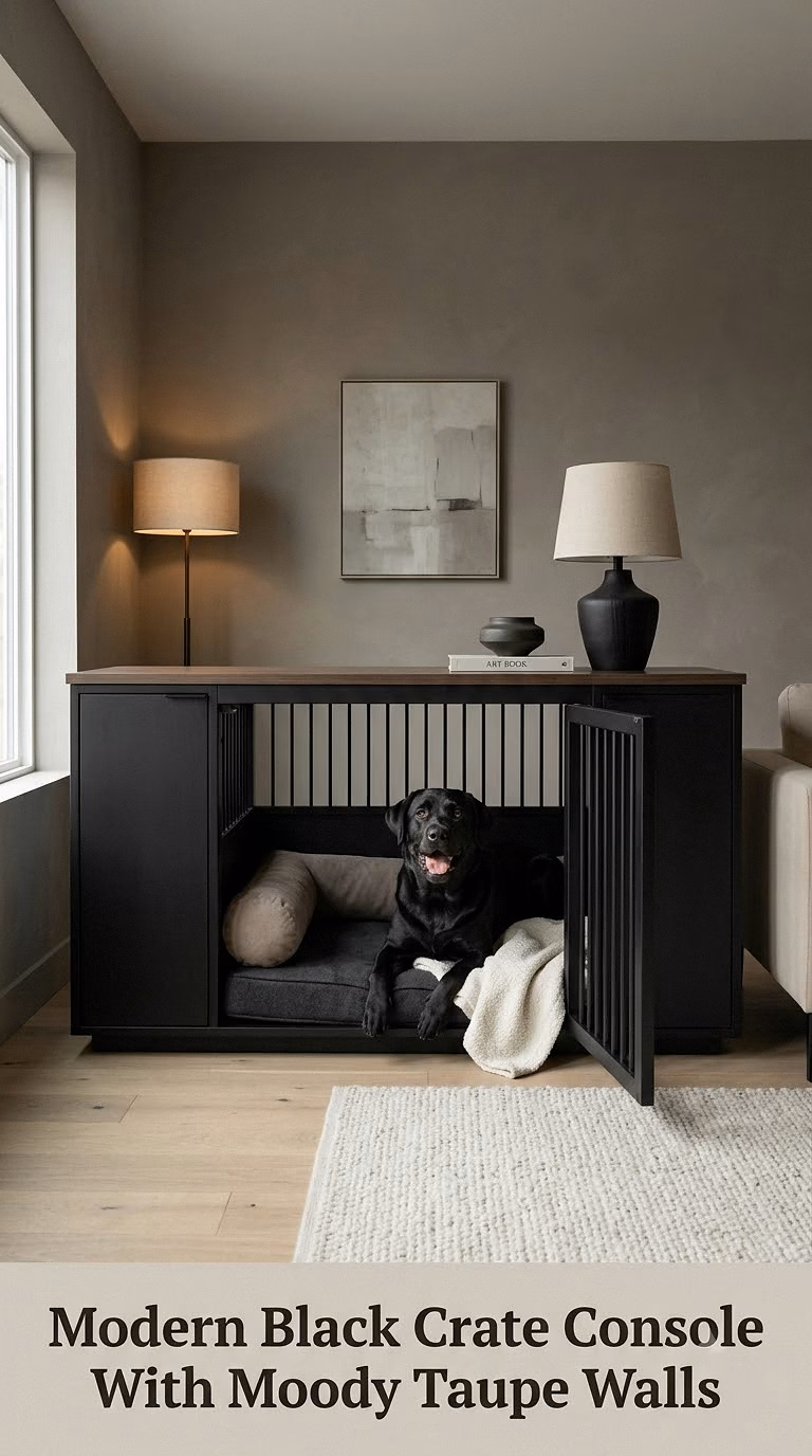 Modern Black Crate Console With Moody Taupe Walls