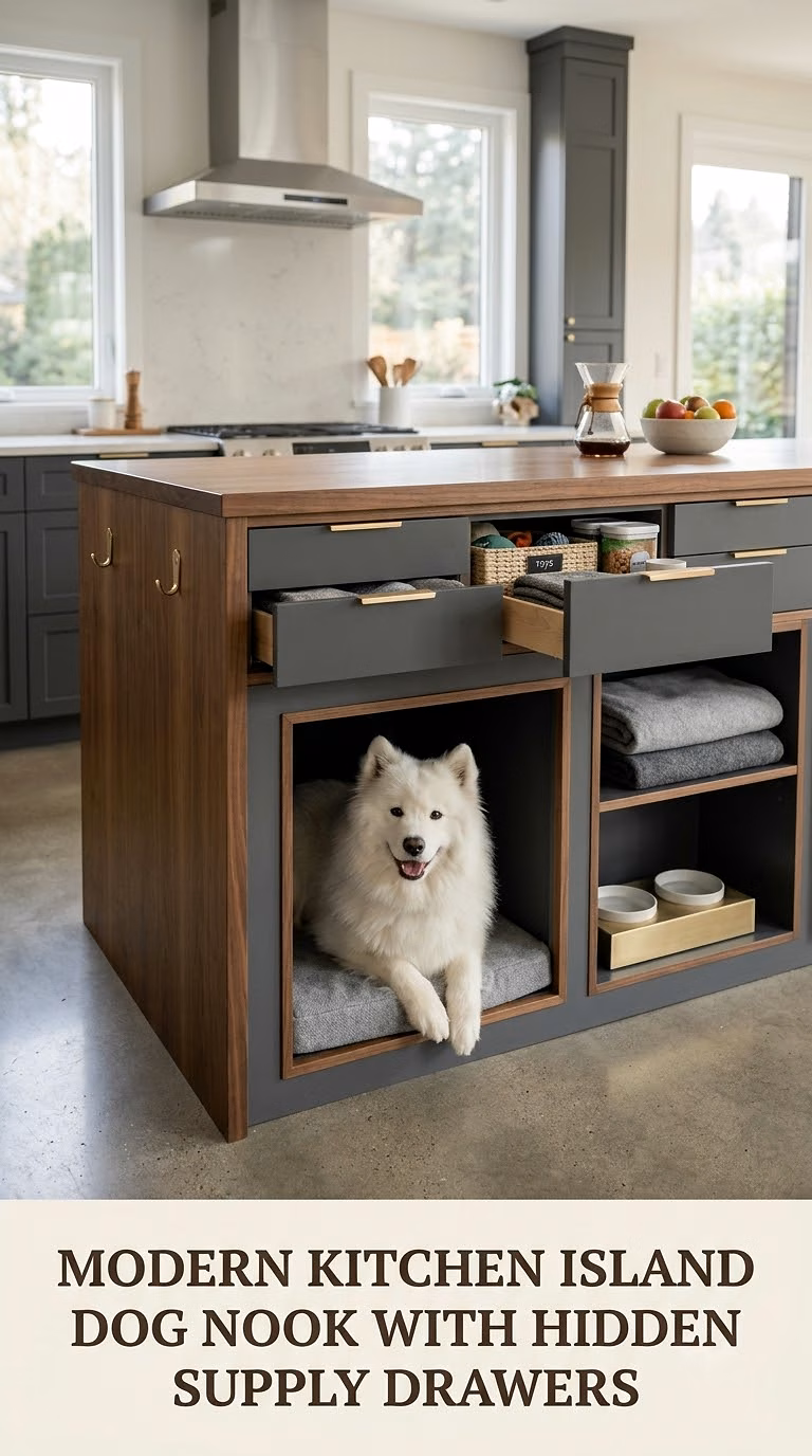 Modern Kitchen Island Dog Nook With Hidden Supply Drawers