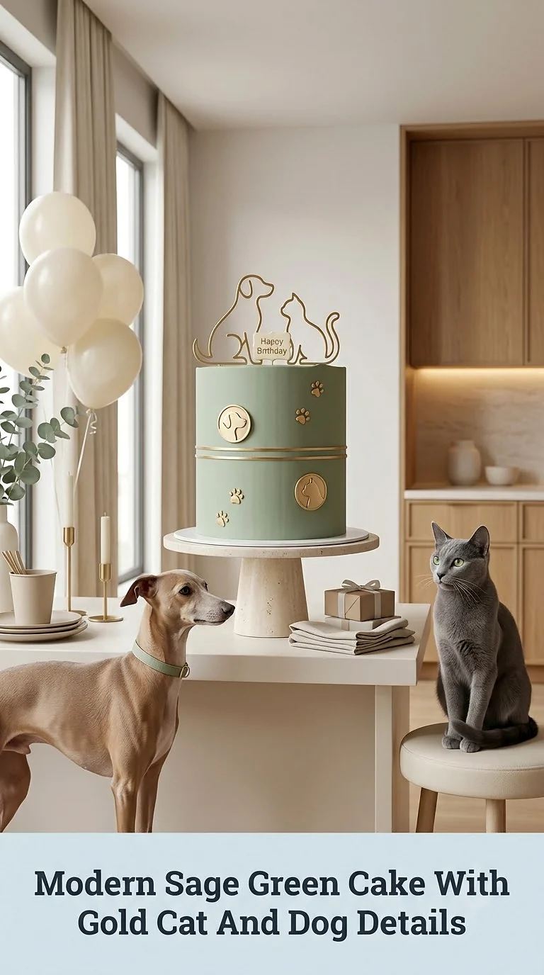 Modern Sage Green Cake With Gold Cat And Dog Details