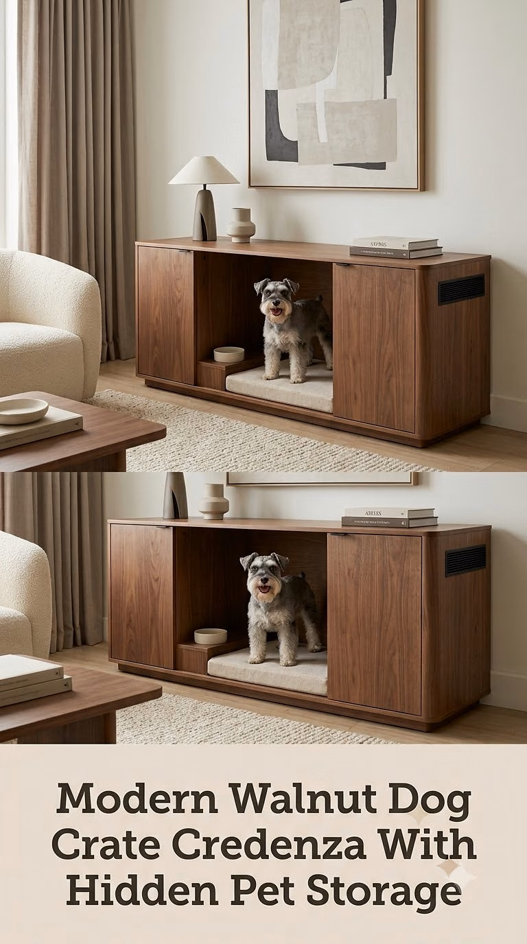 Modern Walnut Dog Crate Credenza With Hidden Pet Storage