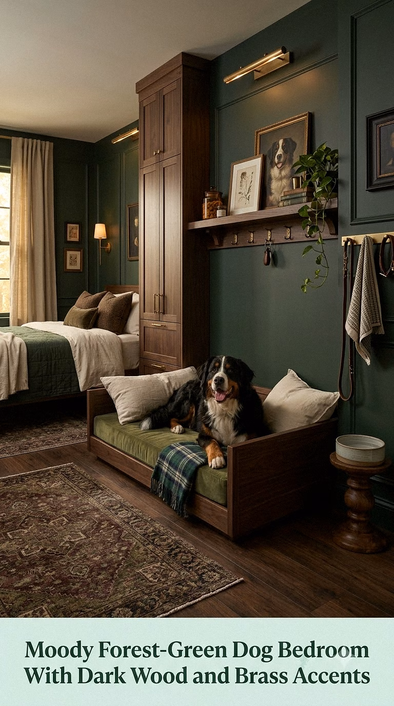 10. Moody Forest-Green Dog Bedroom With Dark Wood and Brass Accents
