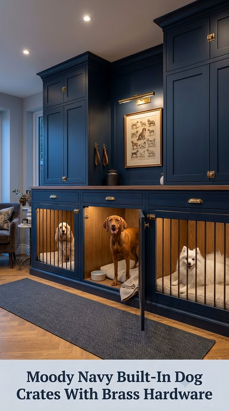 Moody Navy Built-In Dog Crates With Brass Hardware