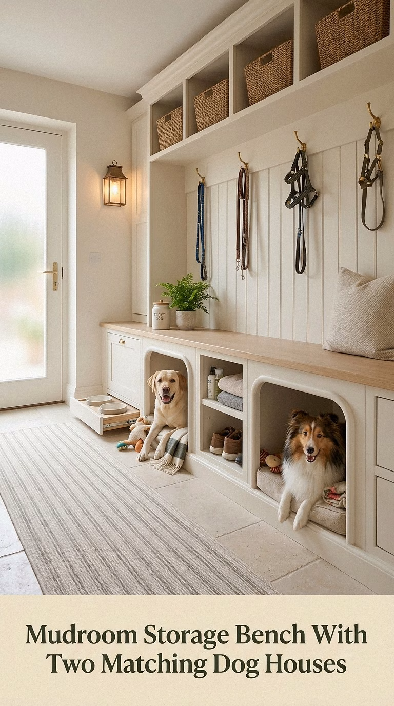 10. Mudroom Storage Bench With Two Matching Dog Houses