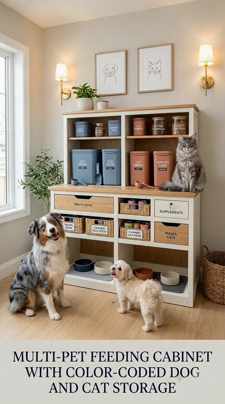Multi-Pet Feeding Cabinet With Color-Coded Dog And Cat Storage