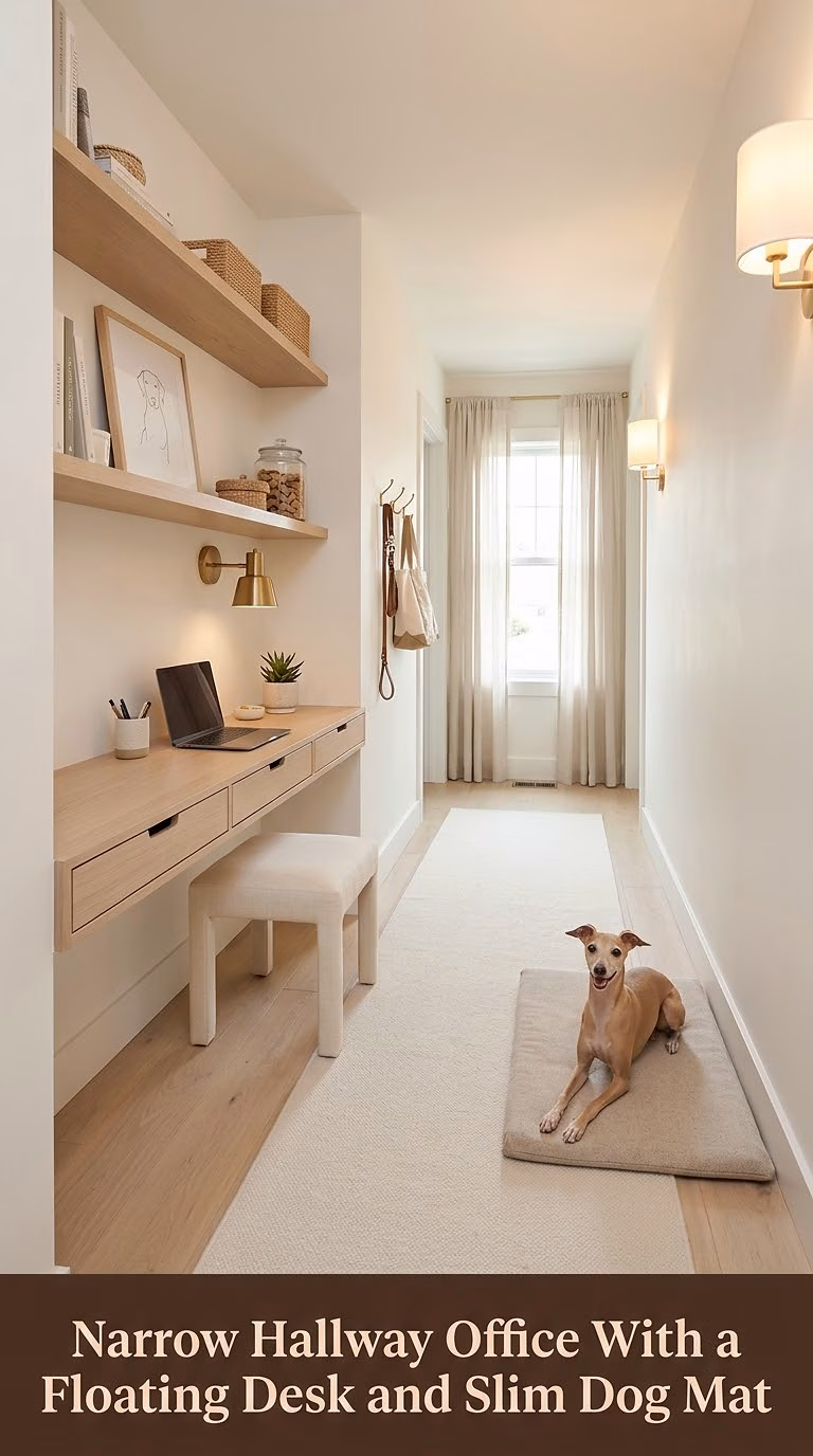 Narrow Hallway Office With a Floating Desk and Slim Dog Mat