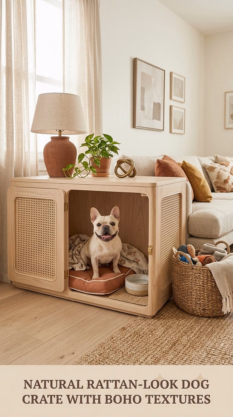 Natural Rattan-Look Dog Crate With Boho Textures