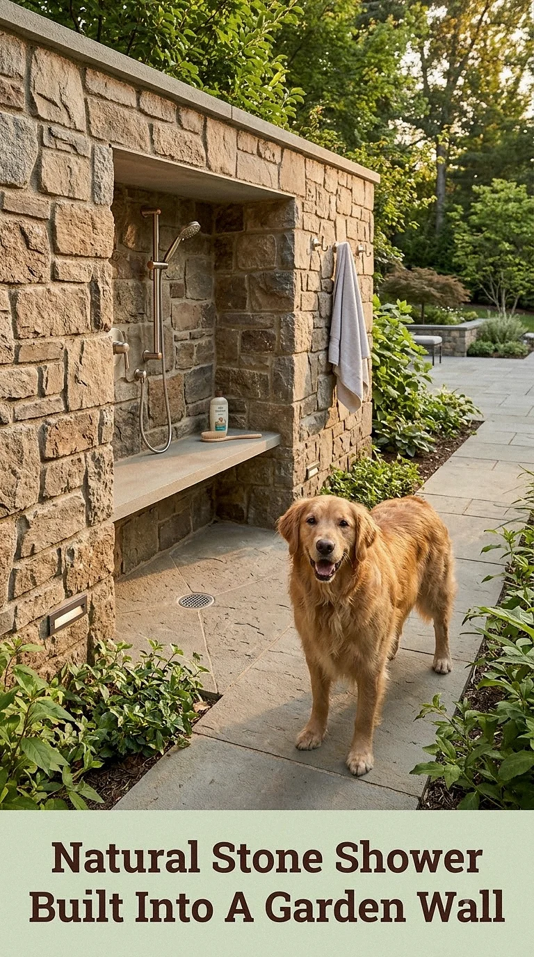 Natural Stone Shower Built Into A Garden Wall