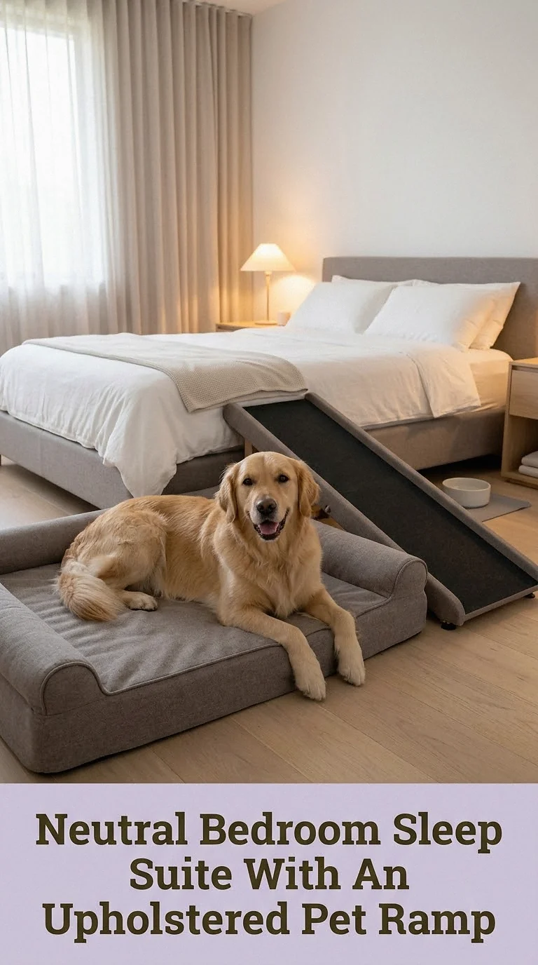 Neutral Bedroom Sleep Suite With An Upholstered Pet Ramp